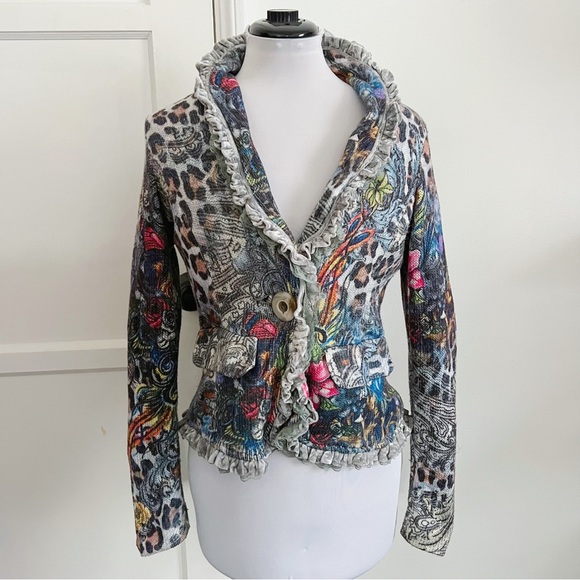 Alberto Makali Jackets & Blazers - Vintage Alberto Makali Patchwork Sweater Jacket Ruched Ruffle Lace Cardigan sz S